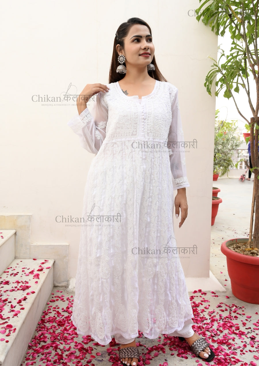  Rehana Anarkali Georgette Chikankari Kurti | chikan curry kurta | lakhnavi kurti | house of chikankari | white chikan kurti