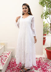 Rehana Anarkali Georgette Chikankari kurta | chikan curry kurti | lakhnavi kurta | house of chikankari | white chikan kurti