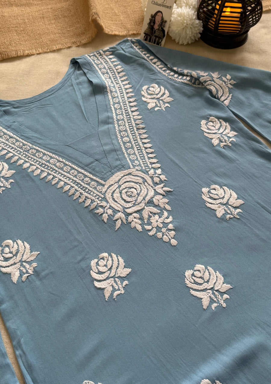 Reva Rayon Chikankari Kurti - Powder Blue