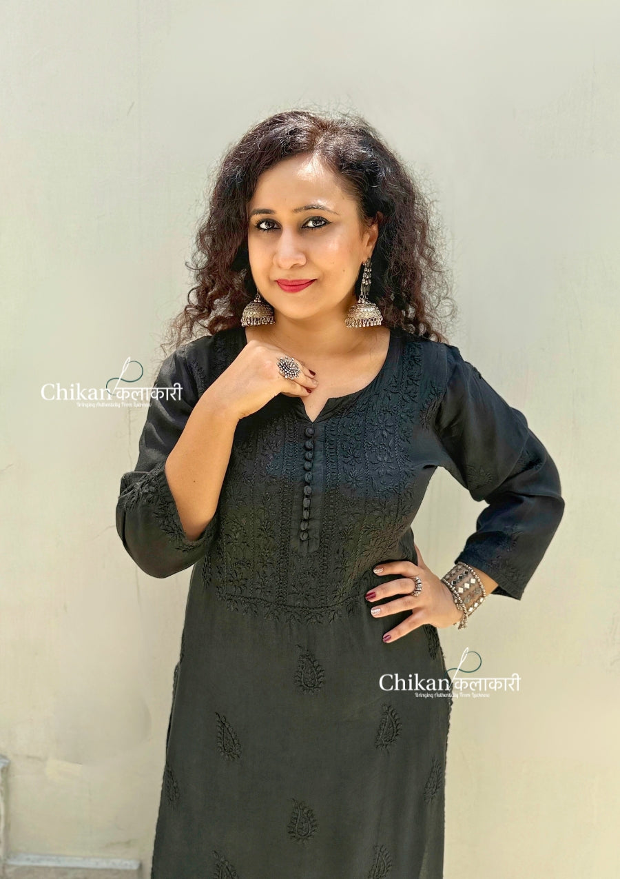 Rida Muslin Chikankari Kurti - Black