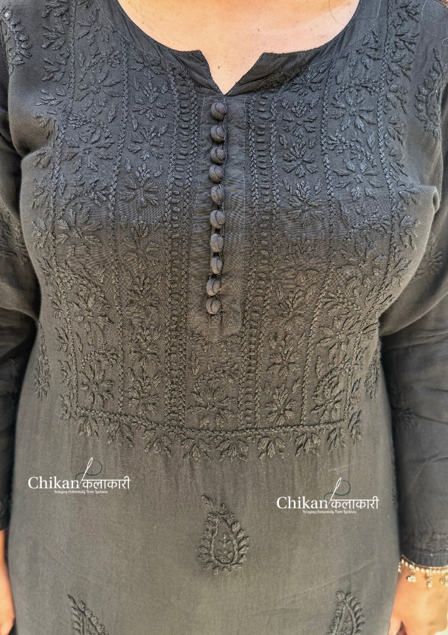 Rida Muslin Chikankari Kurti - Black