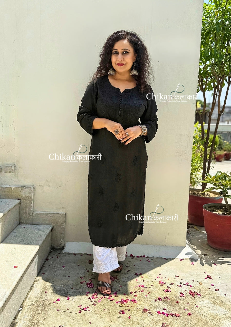 Rida Muslin Chikankari Kurti - Black