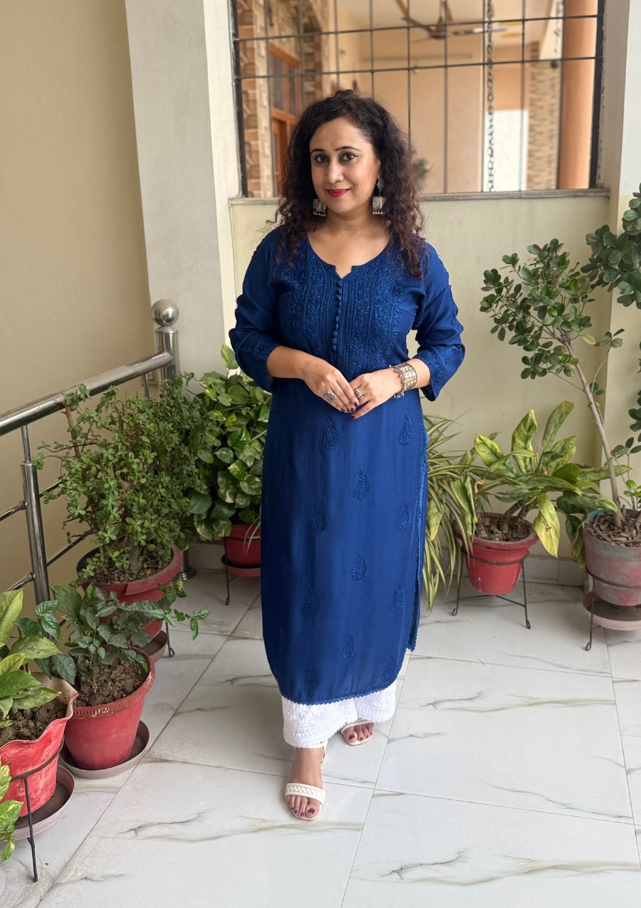Rida Muslin Chikankari Kurti - Royal Blue