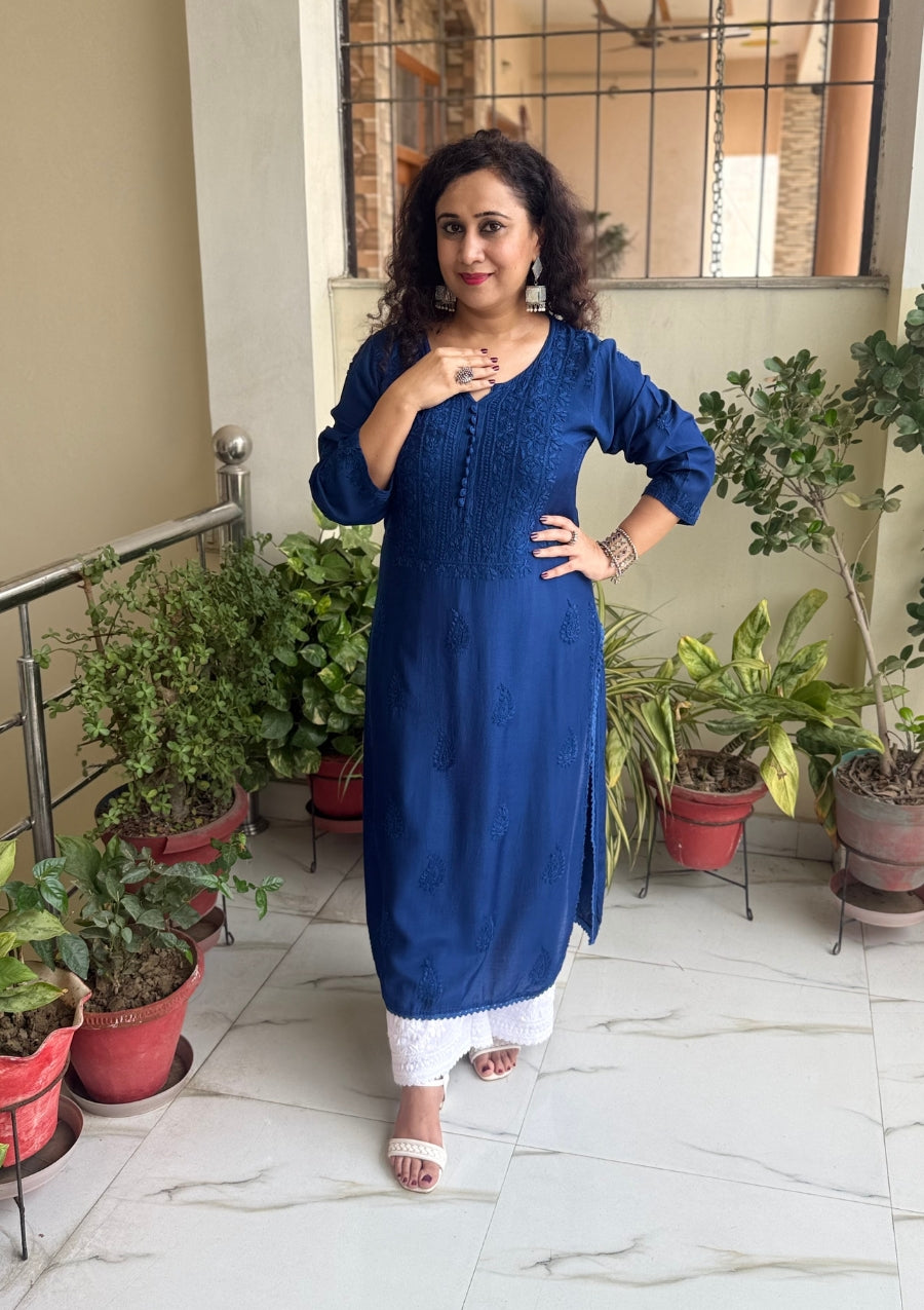 Rida Muslin Chikankari Kurti - Royal Blue
