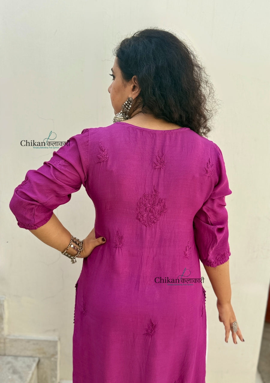 Rida Muslin Chikankari Kurti - Wine