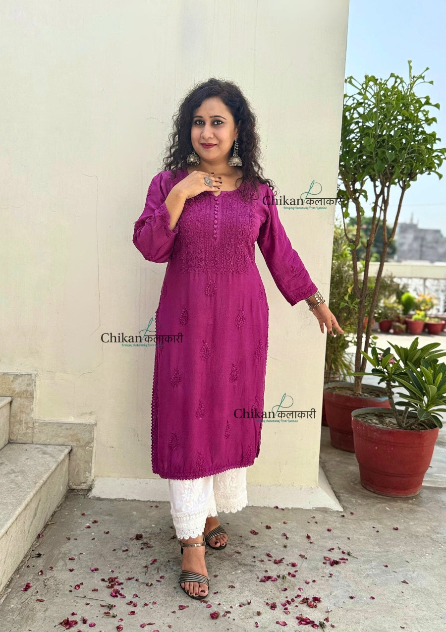 Rida Muslin Chikankari Kurti - Wine