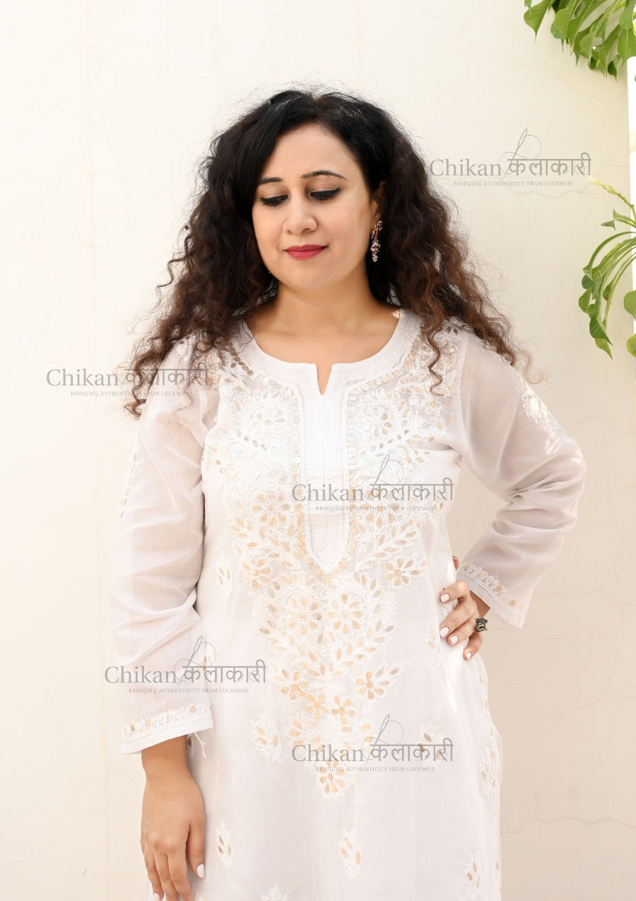 Buy AWM Lucknowi Chikankari Viscose mukesh Work White Kurti (Large) at  Amazon.in