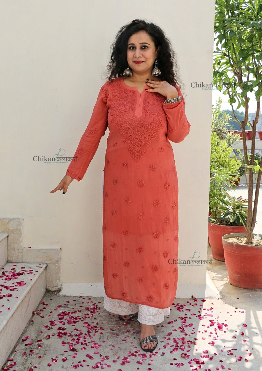 Riyaana Viscose Chikankari Kurti - Dark Peach