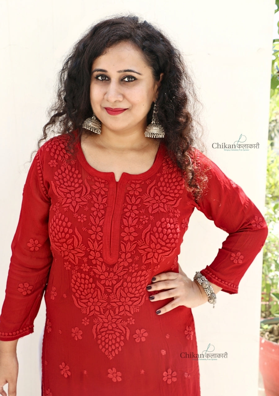 Riyaana Viscose Chikankari Kurti - Red