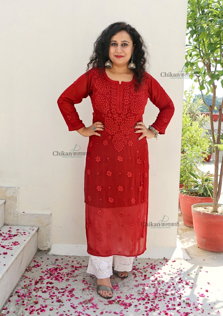 Riyaana Viscose Chikankari Kurti - Red