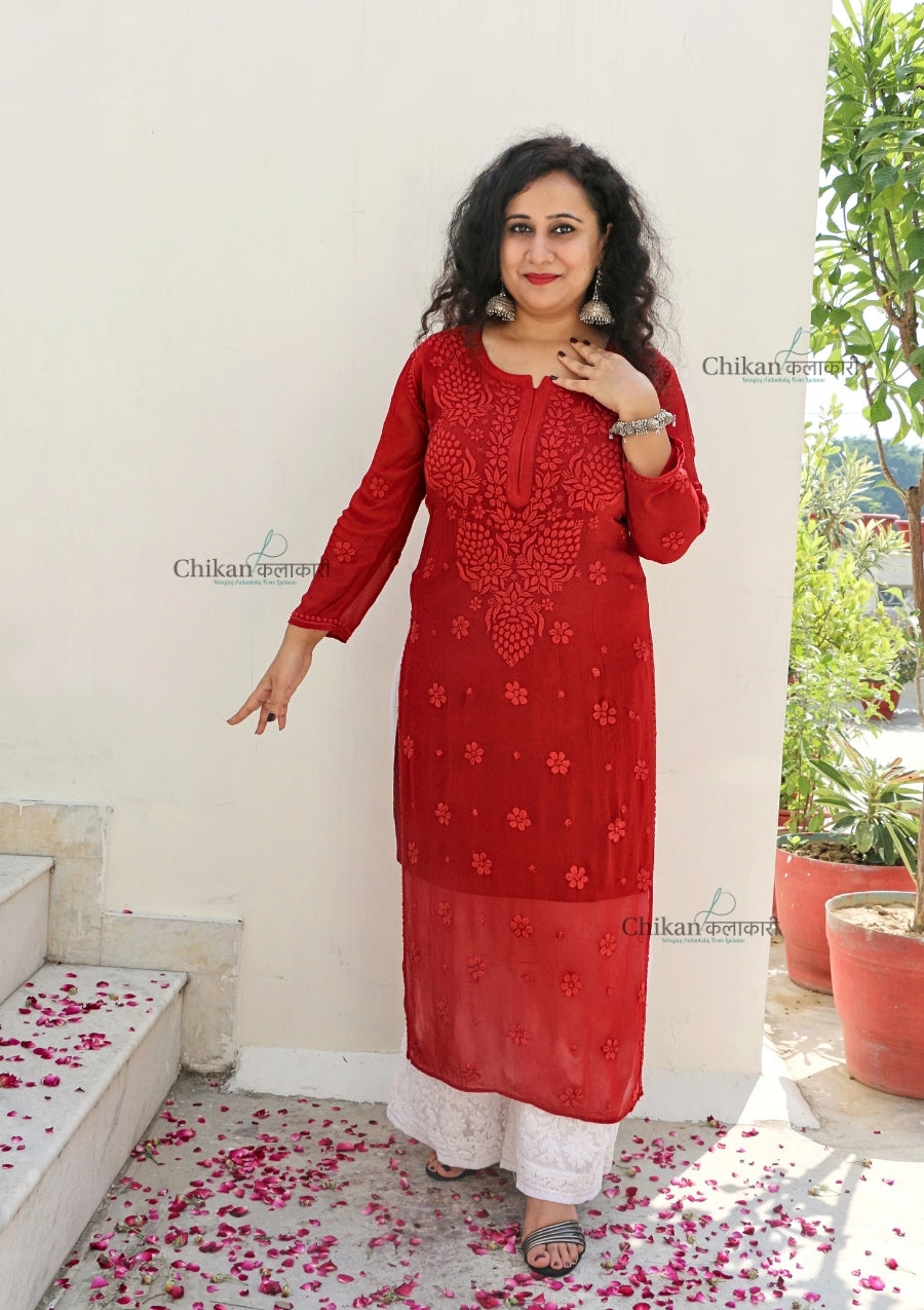 Riyaana Viscose Chikankari Kurti - Red