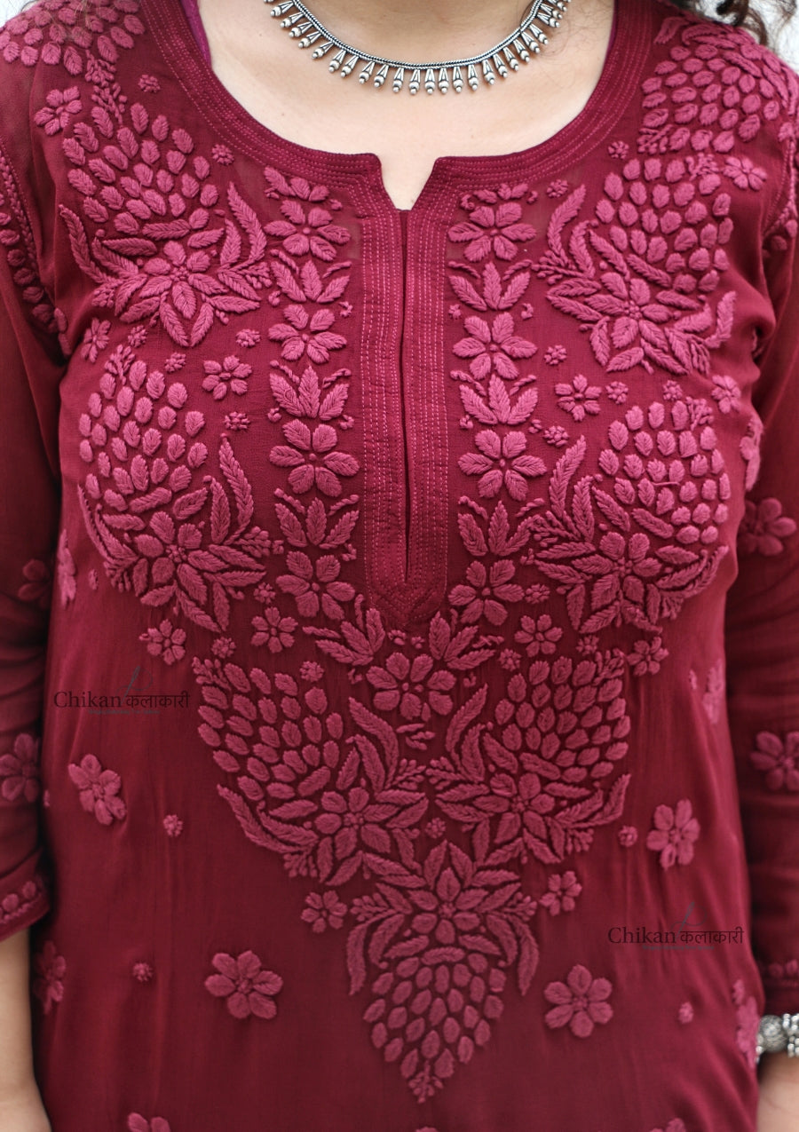 Riyaana Maroon Viscose Chikankari Kurti