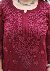 Riyaana Maroon Viscose Chikankari Kurti