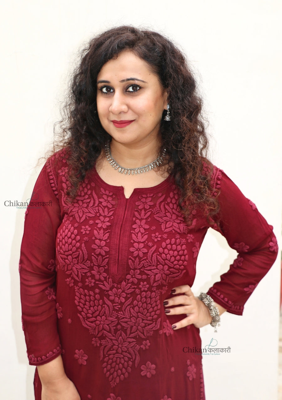 Riyaana Maroon Viscose Chikankari Kurti