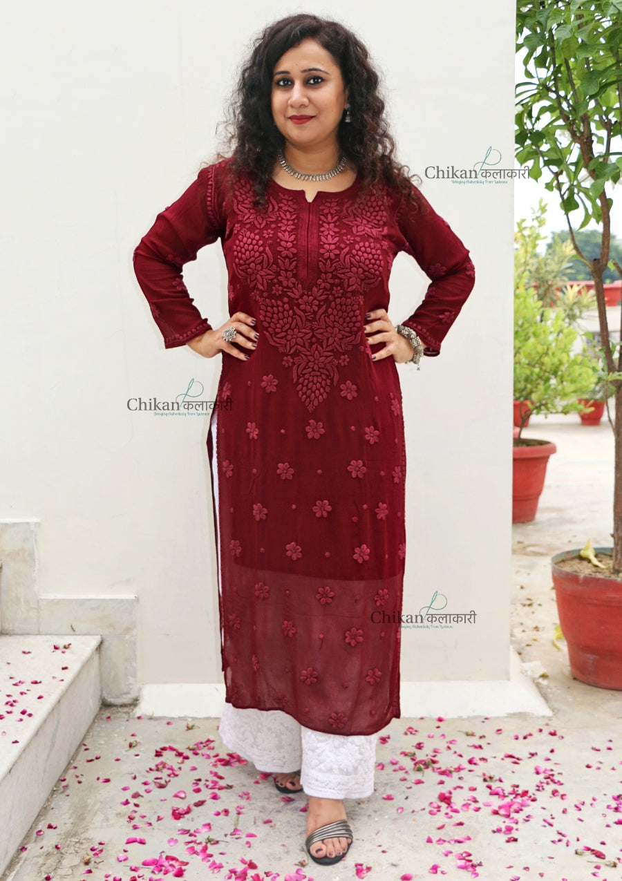 Riyaana Maroon Viscose Chikankari Kurti