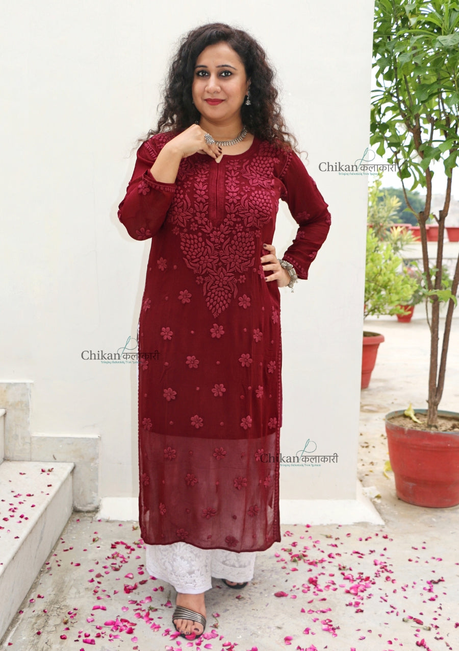 Riyaana Maroon Viscose Chikankari Kurti