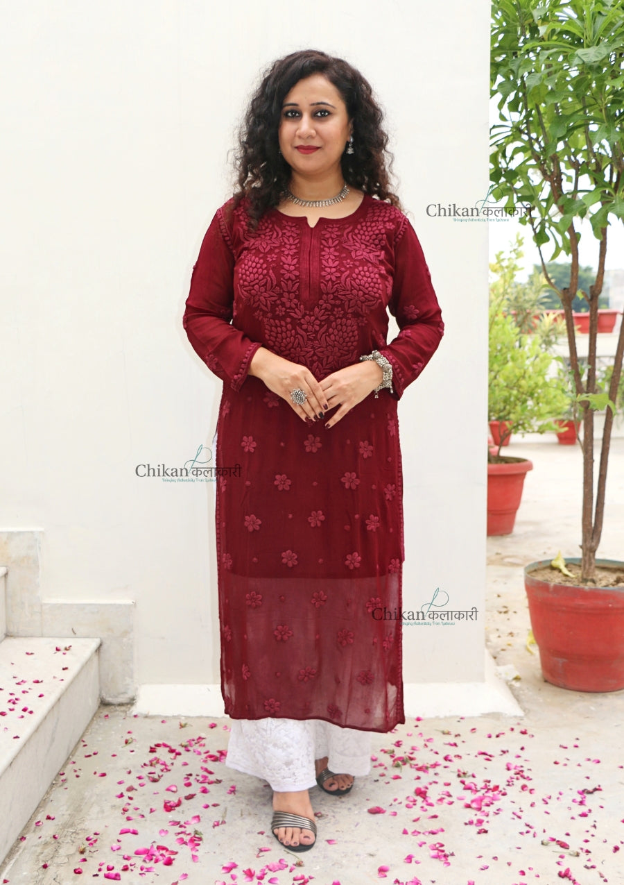 Riyaana Maroon Viscose Chikankari Kurti