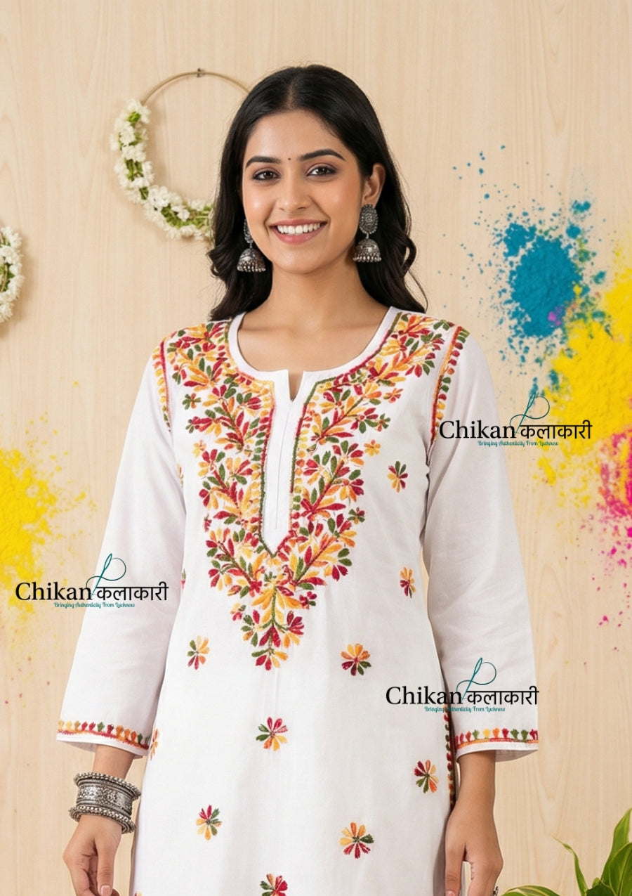 Roshni Cotton White Multi Chikankari Kurti