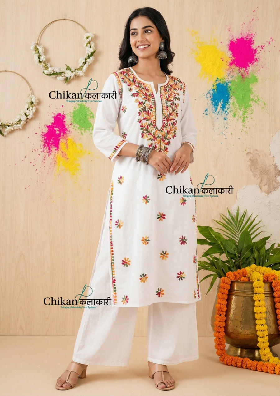 Roshni Cotton White Multi Chikankari Kurti