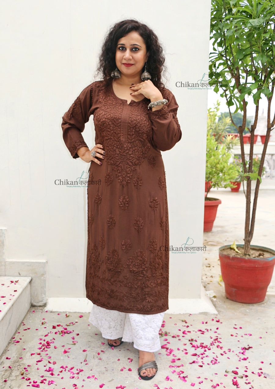 Ruhi Modal Chikankari Kurti - Brown