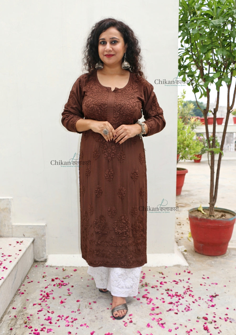 Ruhi Modal Chikankari Kurti - Brown