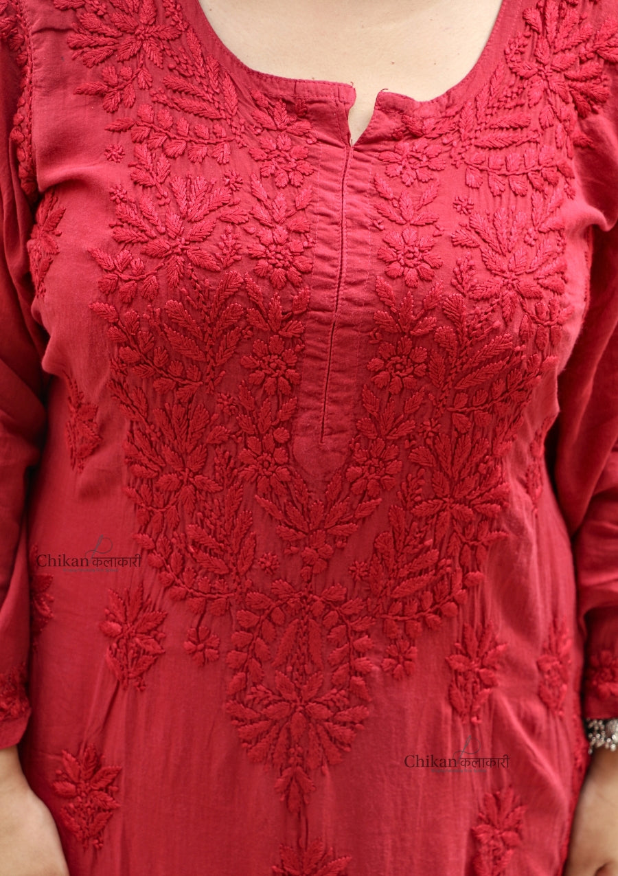 Ruhi Modal Chikankari Kurti - Maroon