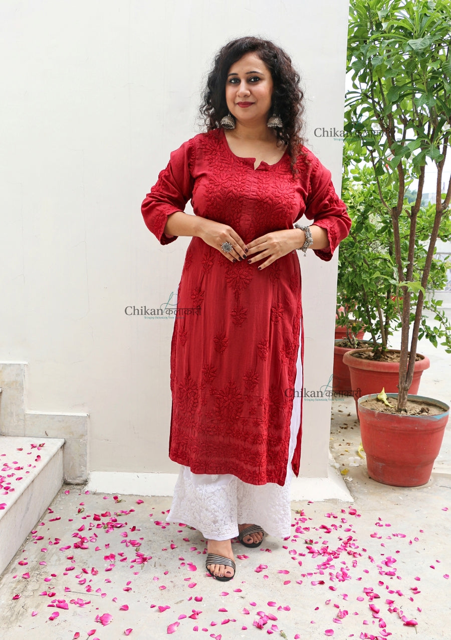 Ruhi Modal Chikankari Kurti - Maroon