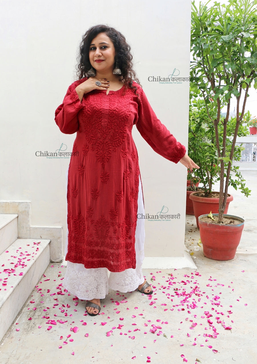 Ruhi Modal Chikankari Kurti - Maroon