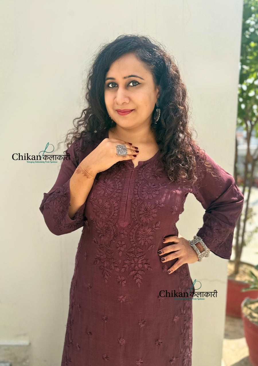 Saawariya Muslin Chikankari Kurti Set - Brown