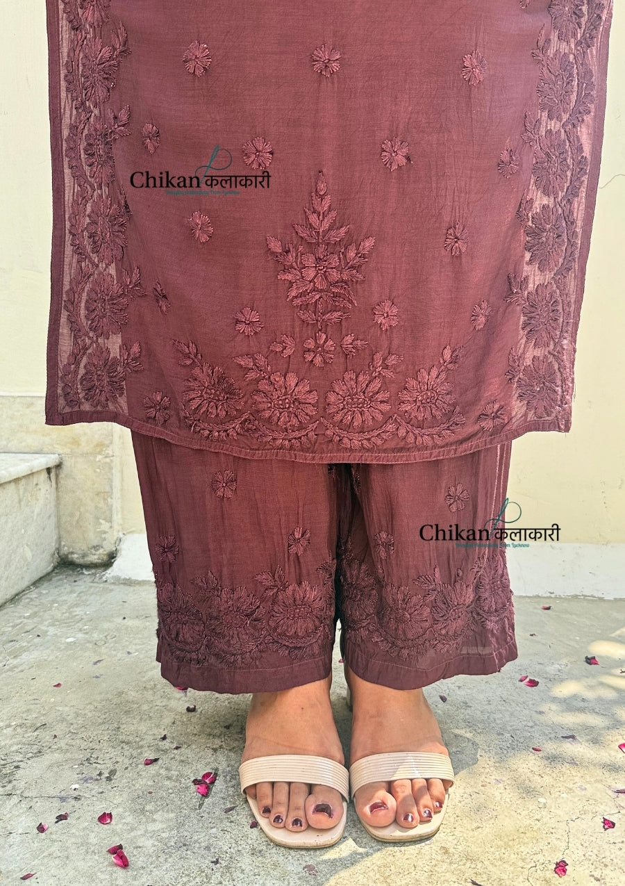 Saawariya Muslin Chikankari Kurti Set - Brown