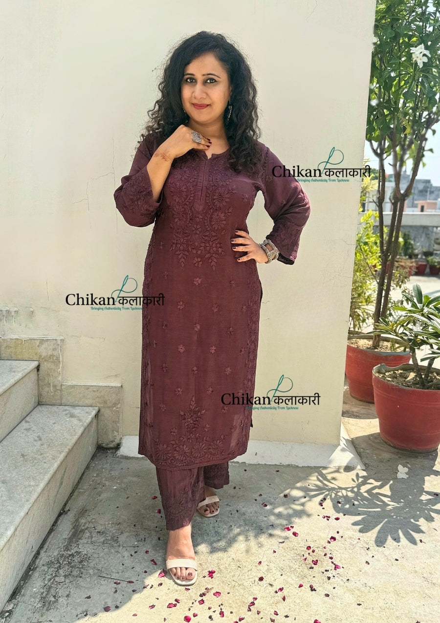 Saawariya Muslin Chikankari Kurti Set - Brown