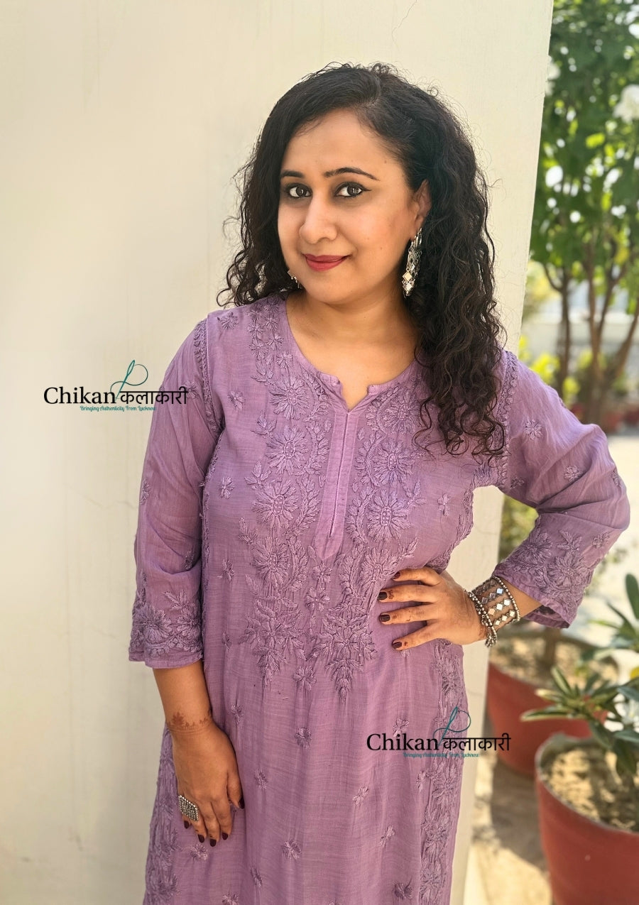 Saawariya Muslin Chikankari Kurti Set - Dusty Mauve