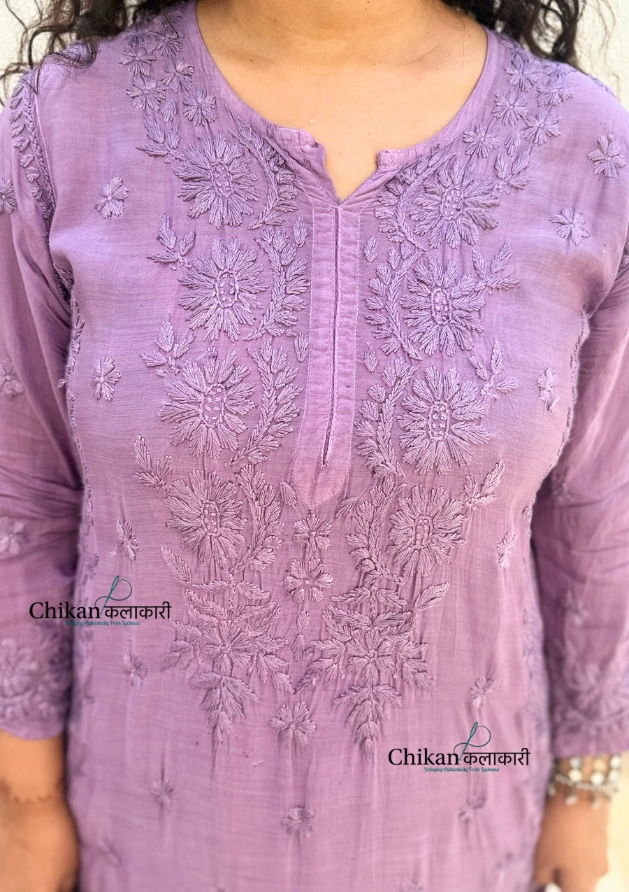 Saawariya Muslin Chikankari Kurti Set - Dusty Mauve