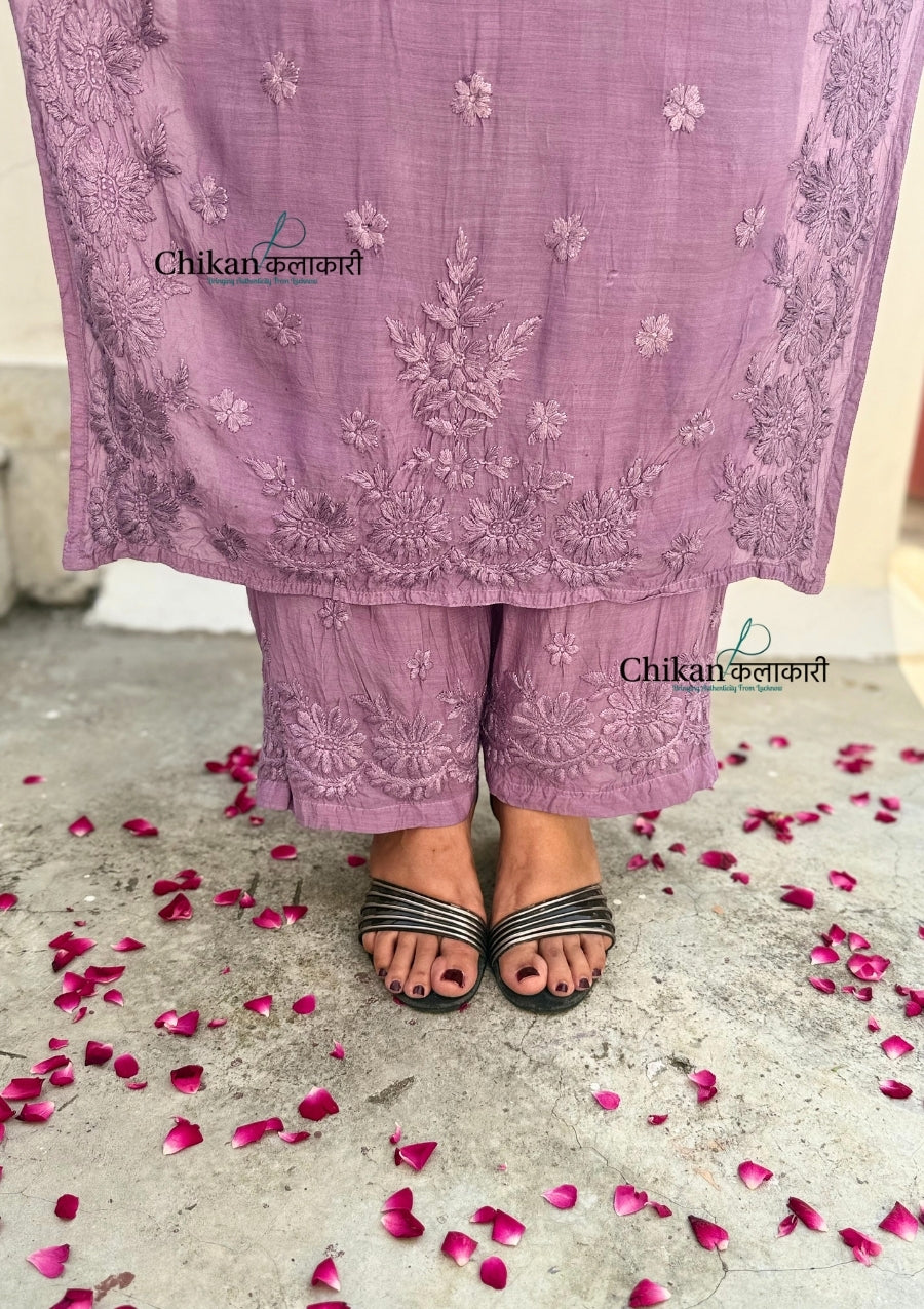 Saawariya Muslin Chikankari Kurti Set - Dusty Mauve