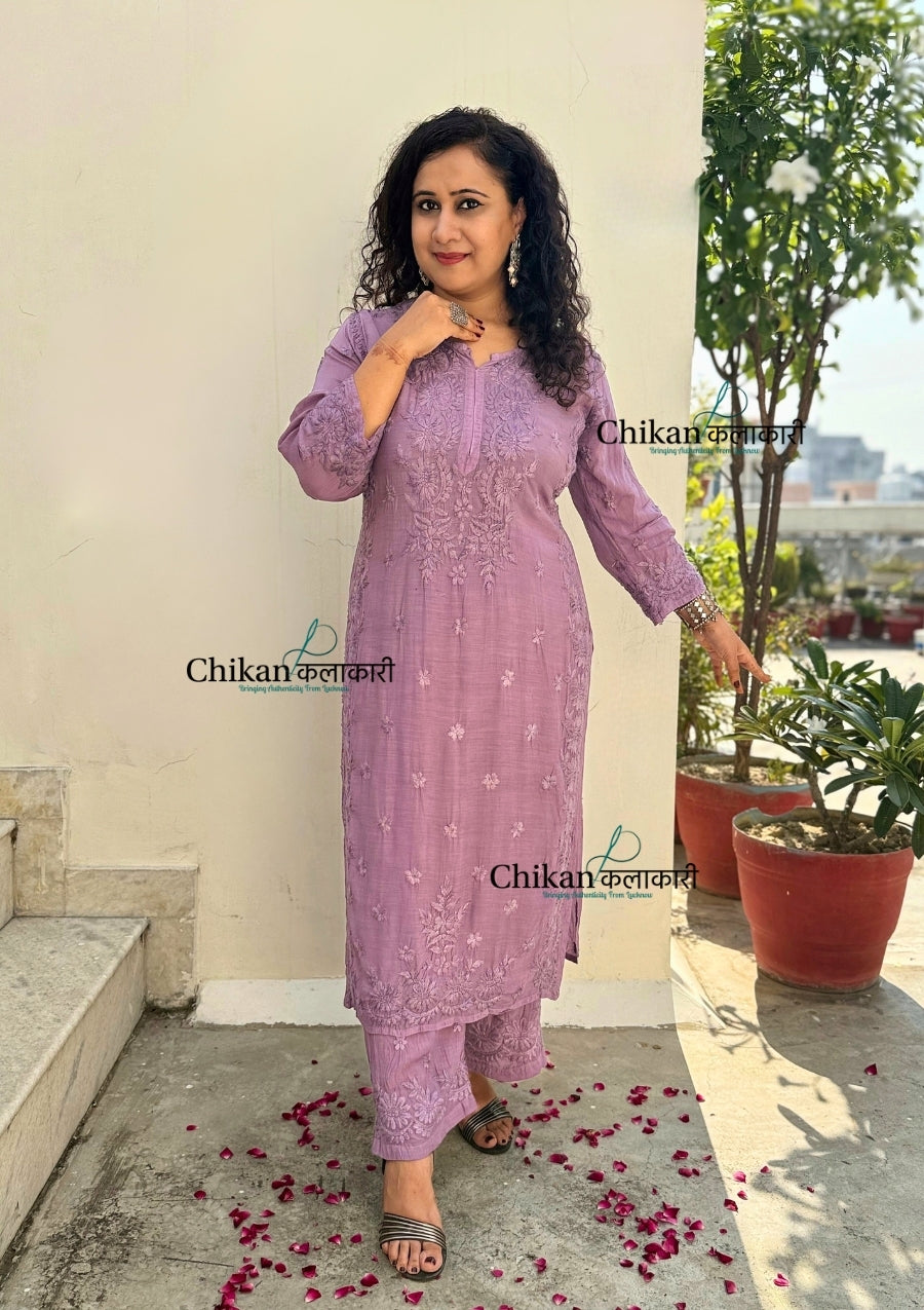 Saawariya Muslin Chikankari Kurti Set - Dusty Mauve