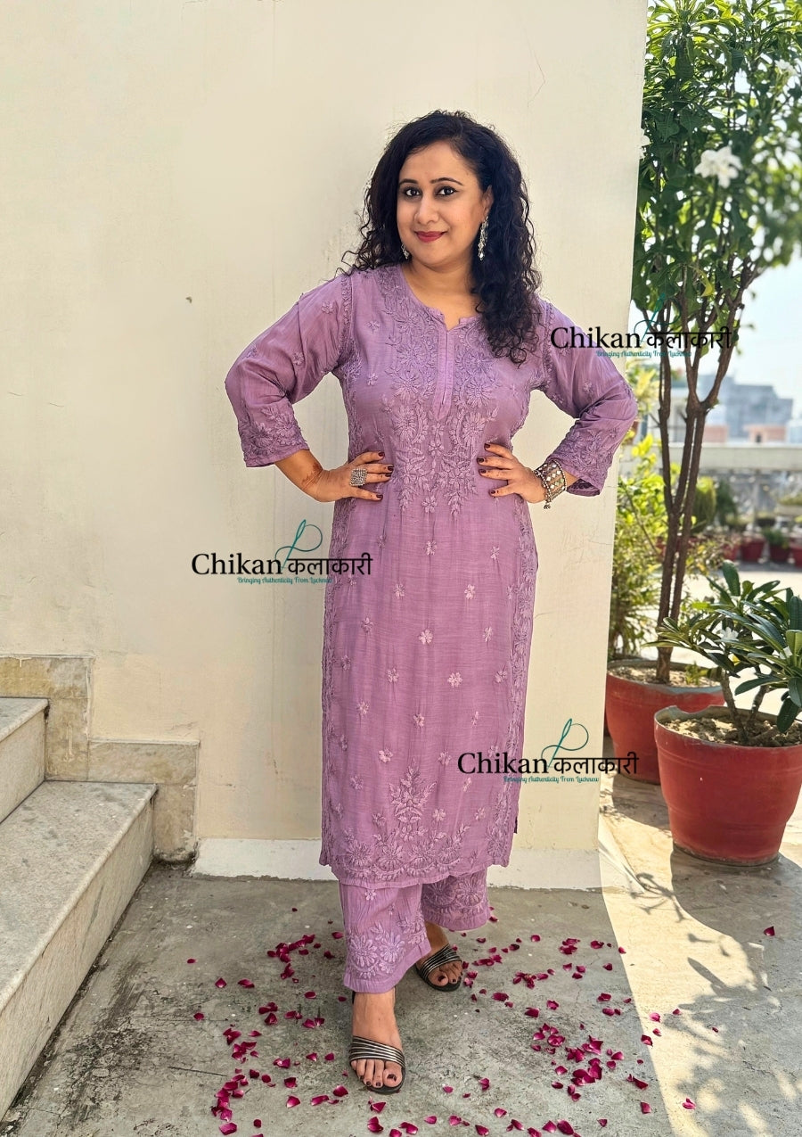 Saawariya Muslin Chikankari Kurti Set - Dusty Mauve