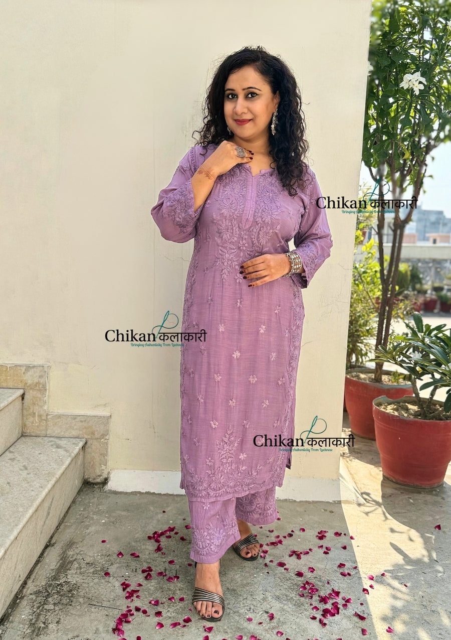 Saawariya Muslin Chikankari Kurti Set - Dusty Mauve