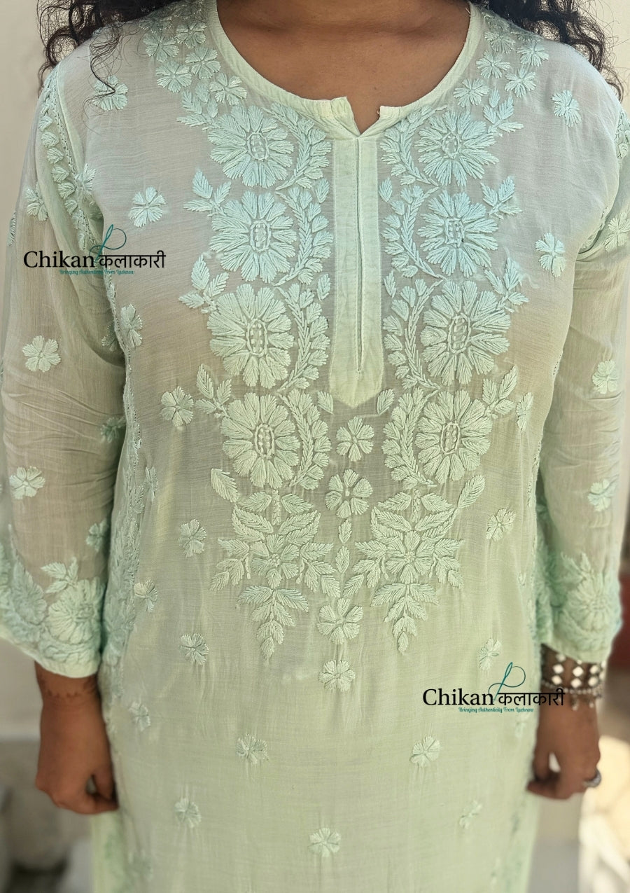 Saawariya Muslin Chikankari Kurti Set - Mint Green