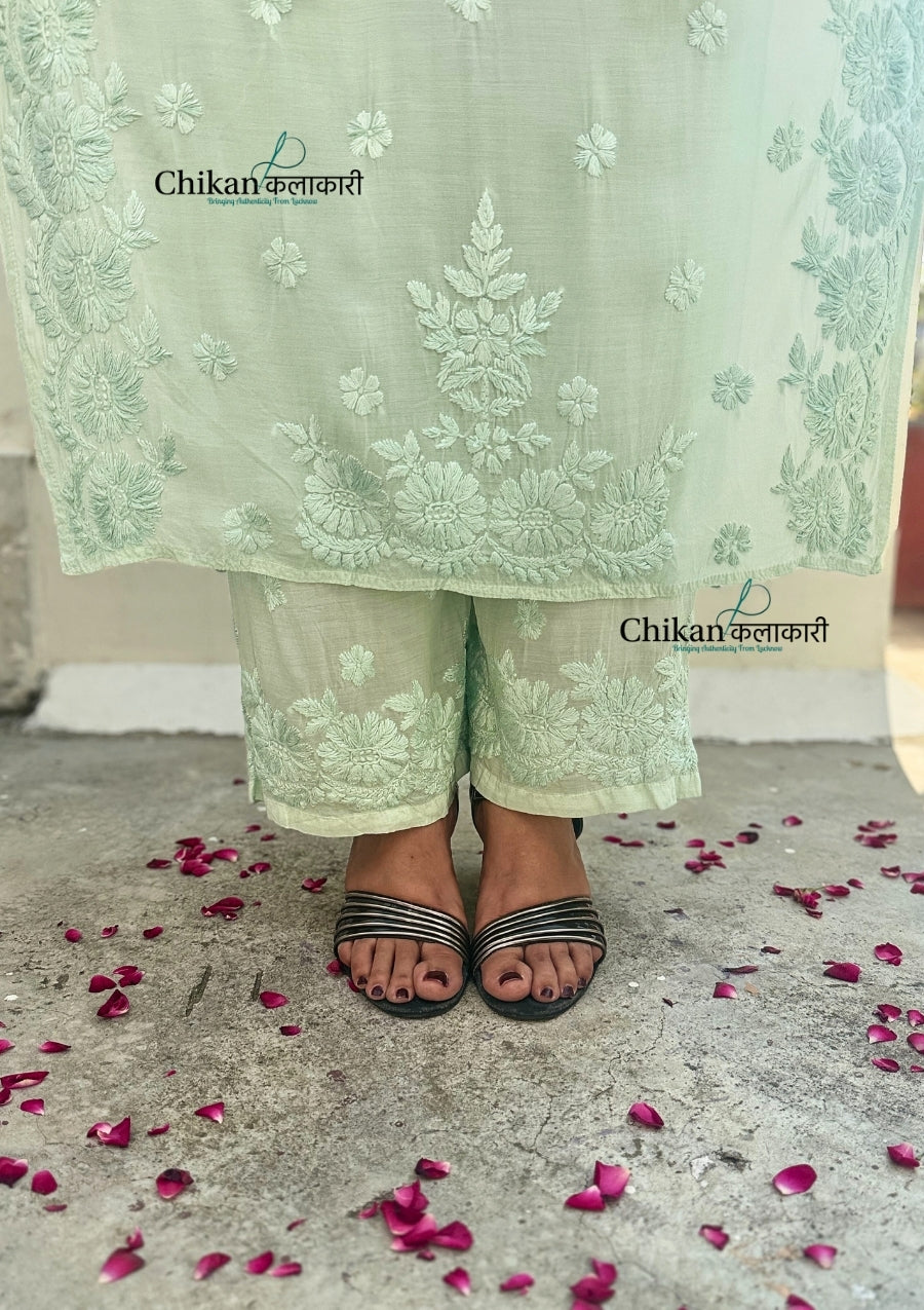 Saawariya Muslin Chikankari Kurti Set - Mint Green