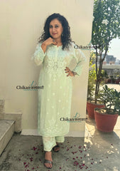 Saawariya Muslin Chikankari Kurti Set - Mint Green