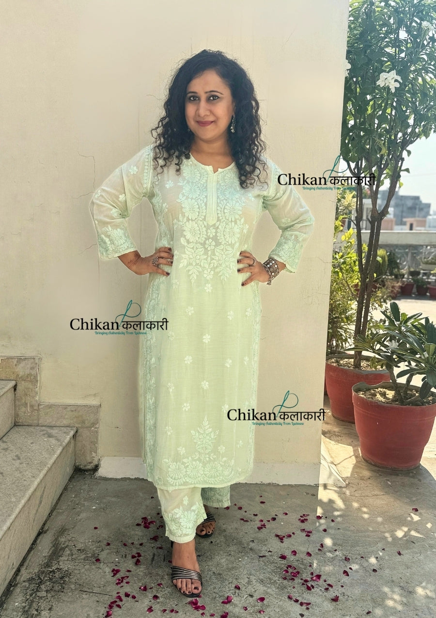 Saawariya Muslin Chikankari Kurti Set - Mint Green
