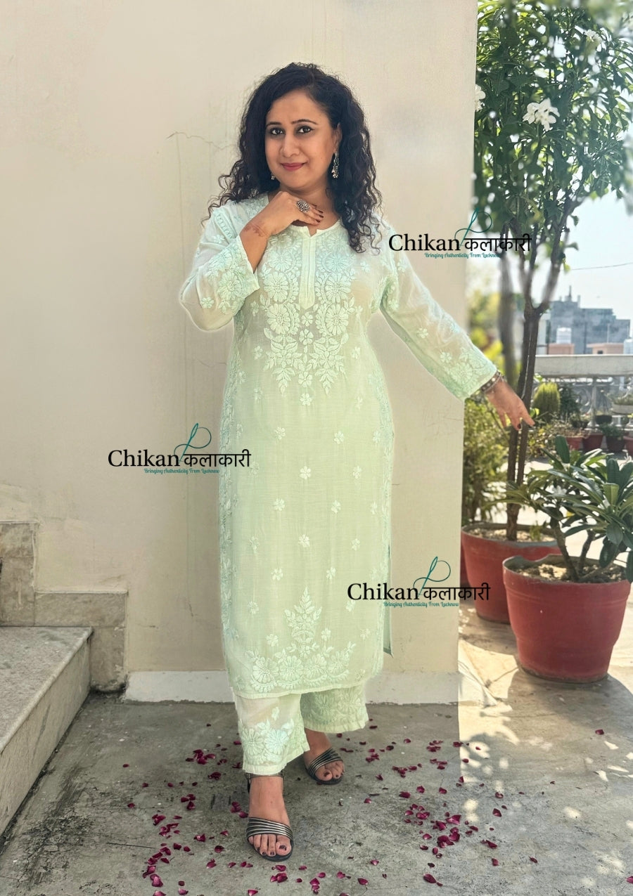Saawariya Muslin Chikankari Kurti Set - Mint Green