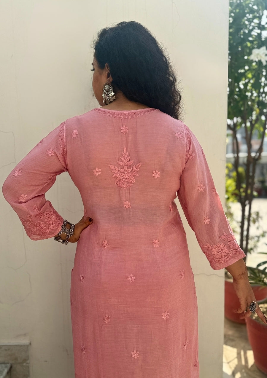 Saawariya Muslin Chikankari Kurti Set - Pastel Pink