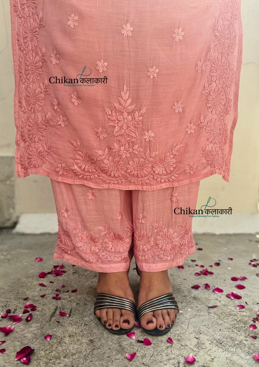 Saawariya Muslin Chikankari Kurti Set - Pastel Pink