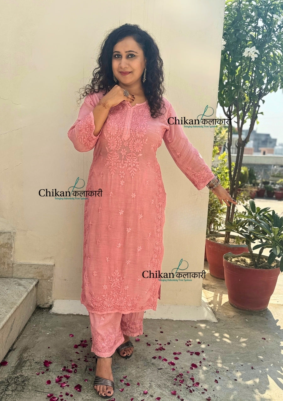 Saawariya Muslin Chikankari Kurti Set - Pastel Pink