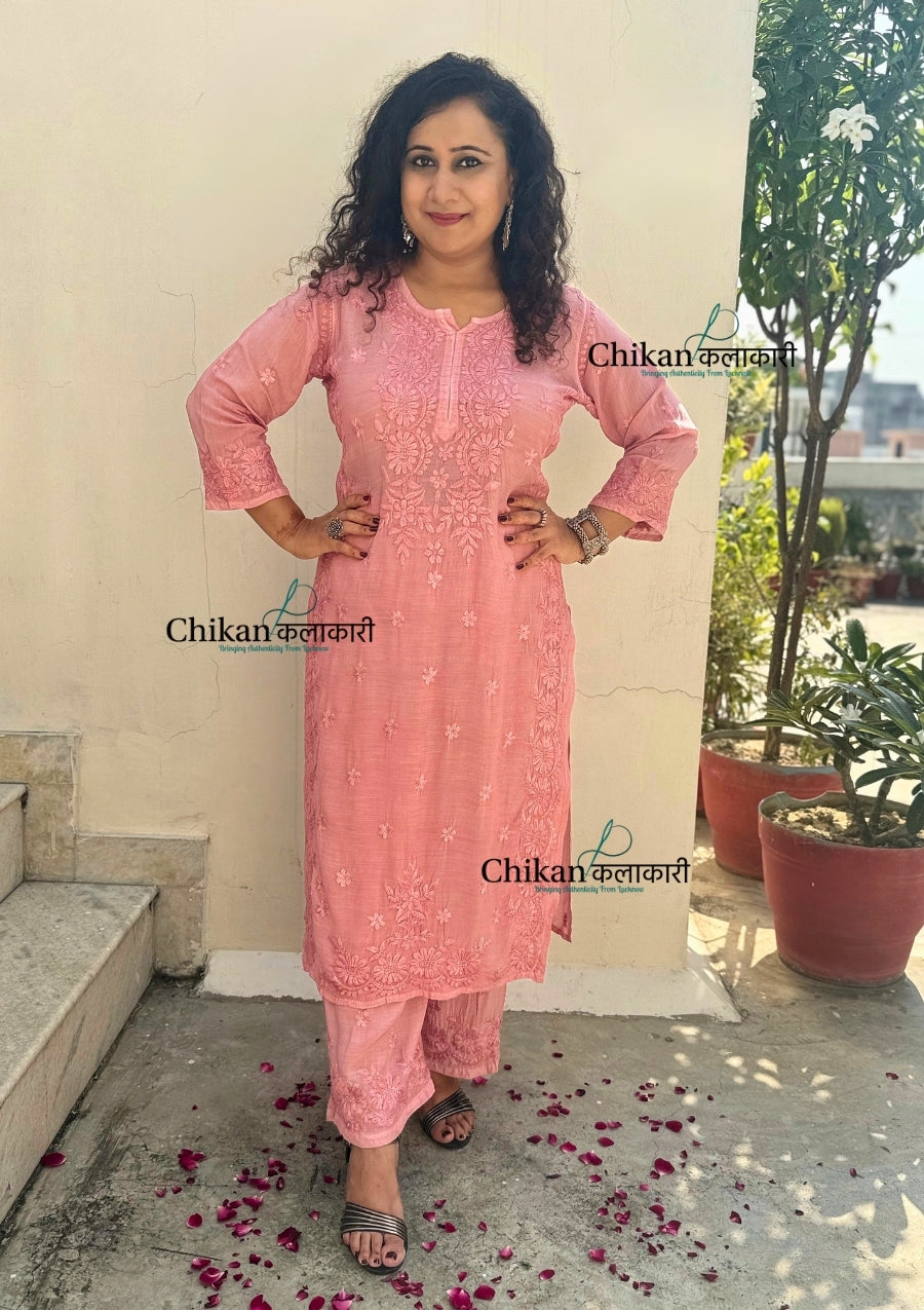 Saawariya Muslin Chikankari Kurti Set - Pastel Pink