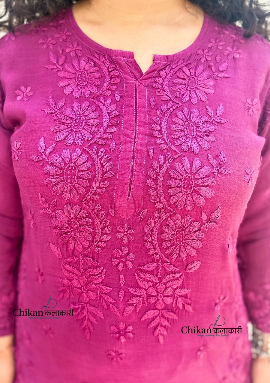 Saawariya Muslin Chikankari Kurti Set - Wine