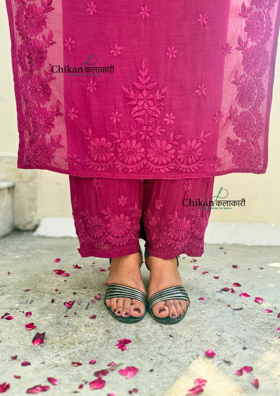 Saawariya Muslin Chikankari Kurti Set - Wine