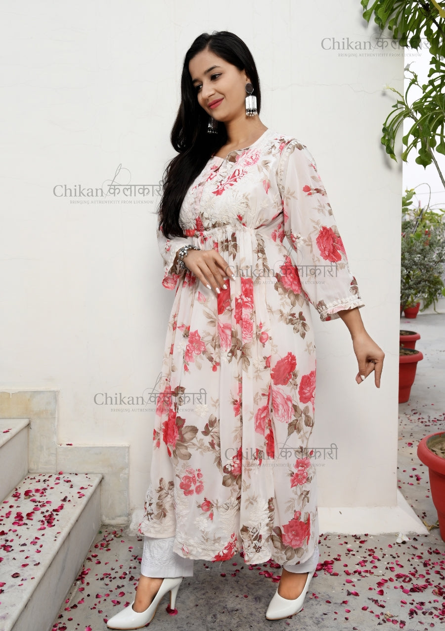 Saba Georgette lucknowi chikankari kurta | chikan curry kurti | lakhnavi kurti | lucknow chikan kurti | house of chikankari