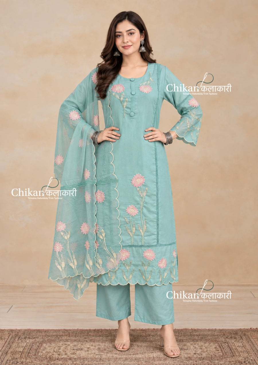 Sage Green Cotton Threadwork Straight Kurta With Regular Pant And Dupatta
